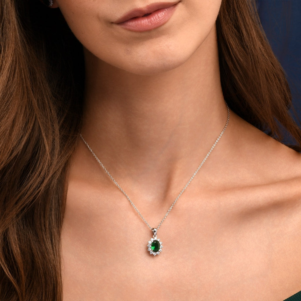 Sterling Silver Green Oval Halo Pendant Necklace