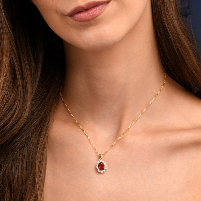Gold Plated Sterling Silver Red Oval Halo Pendant Necklace