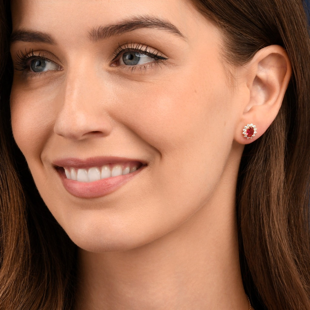 Gold Plated Sterling Silver Oval Red Halo Stud Earrings