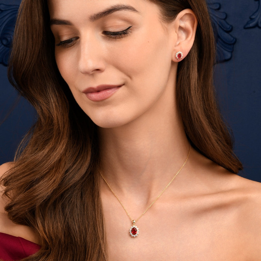 Gold Plated Sterling Silver Oval Red Halo Stud Earrings