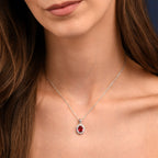 Sterling Silver Red Oval Halo Pendant Necklace