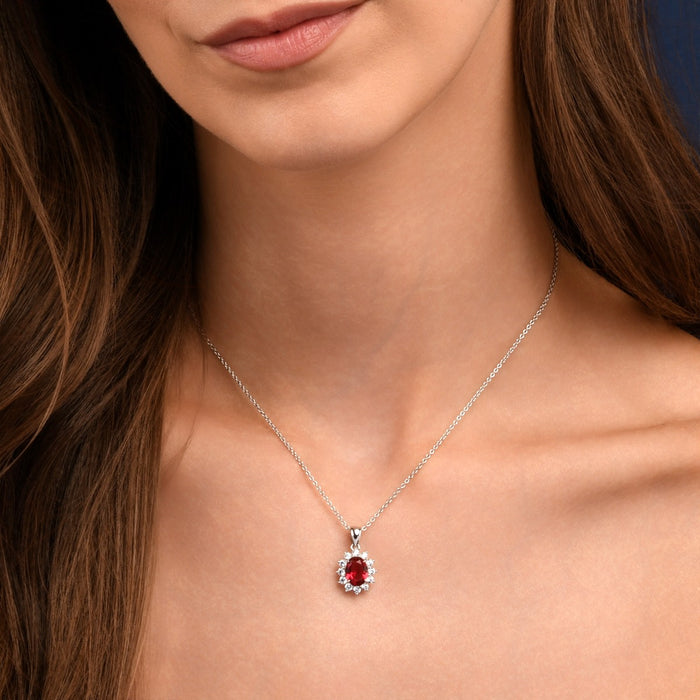 Sterling Silver Red Oval Halo Pendant Necklace
