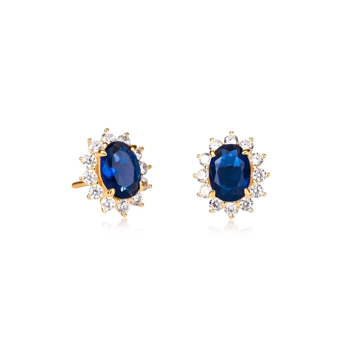 Gold Plated Sterling Silver Oval Blue Halo Stud Earrings