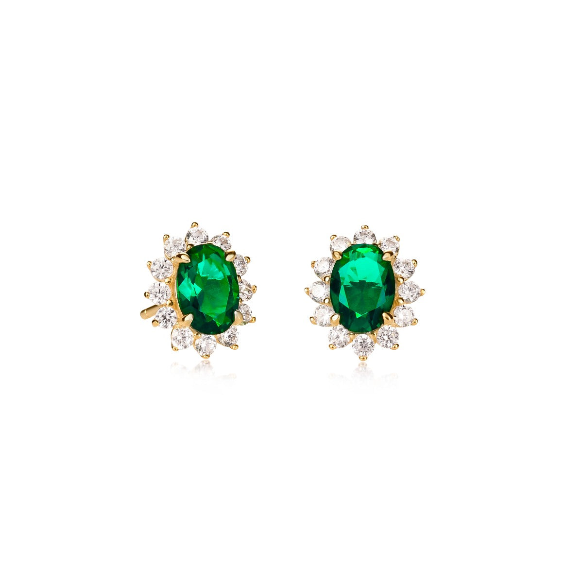 Gold Plated Sterling Silver Oval Green Halo Stud Earrings