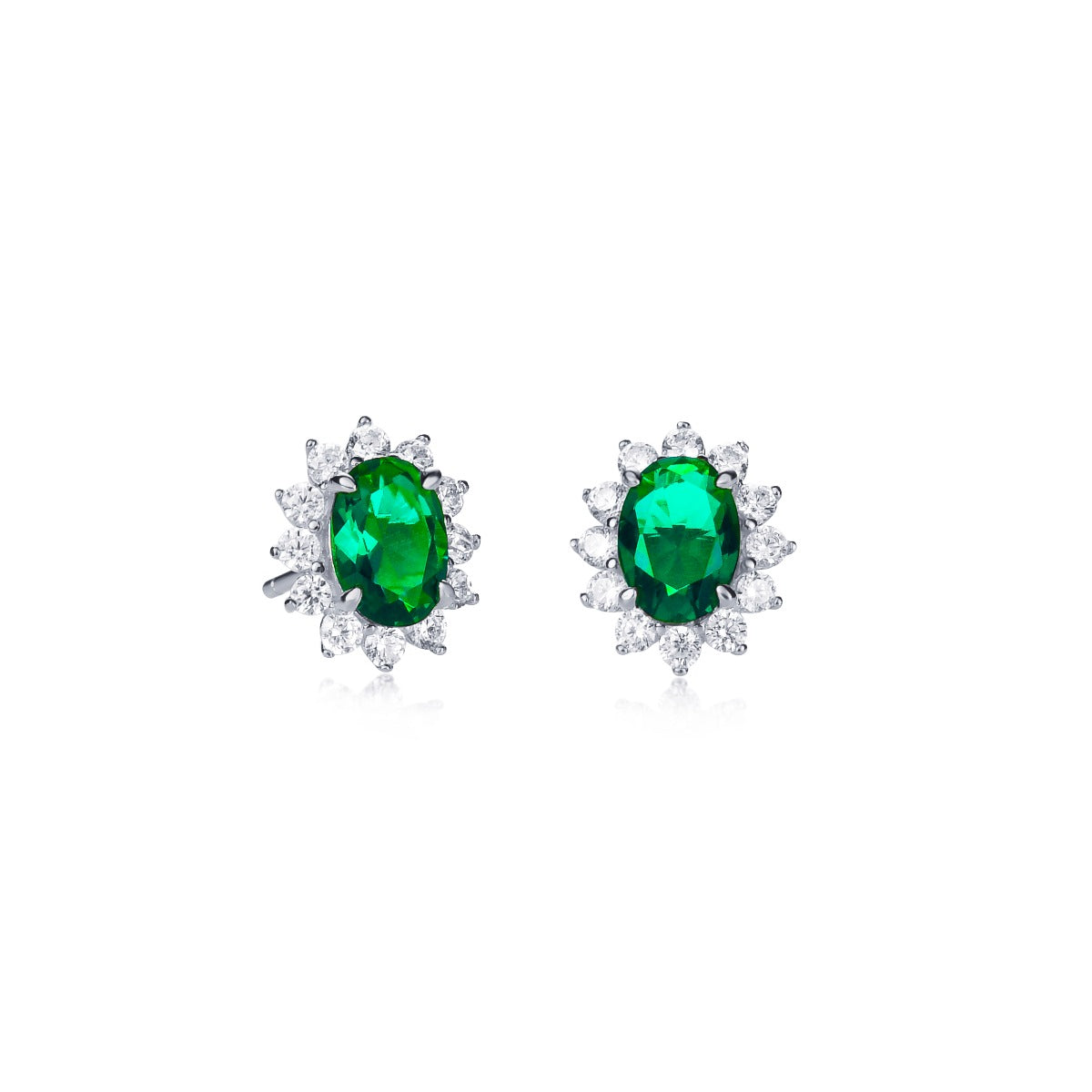 Sterling Silver Oval Shaped Green Halo Stud Earrings