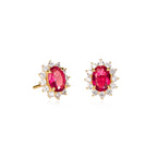 Gold Plated Sterling Silver Oval Red Halo Stud Earrings
