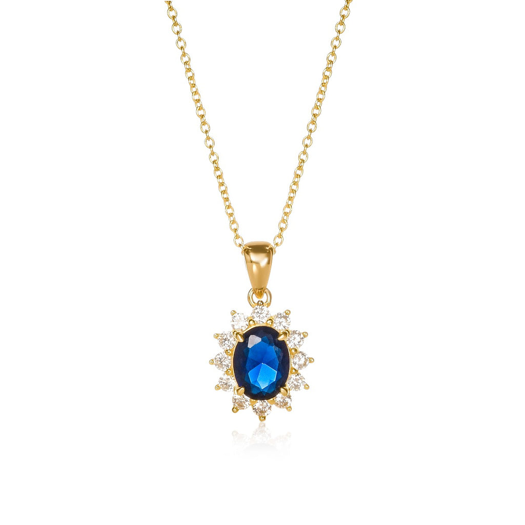 Gold Plated Sterling Silver Blue Oval Halo Pendant Necklace