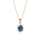 Gold Plated Sterling Silver Blue Oval Halo Pendant Necklace