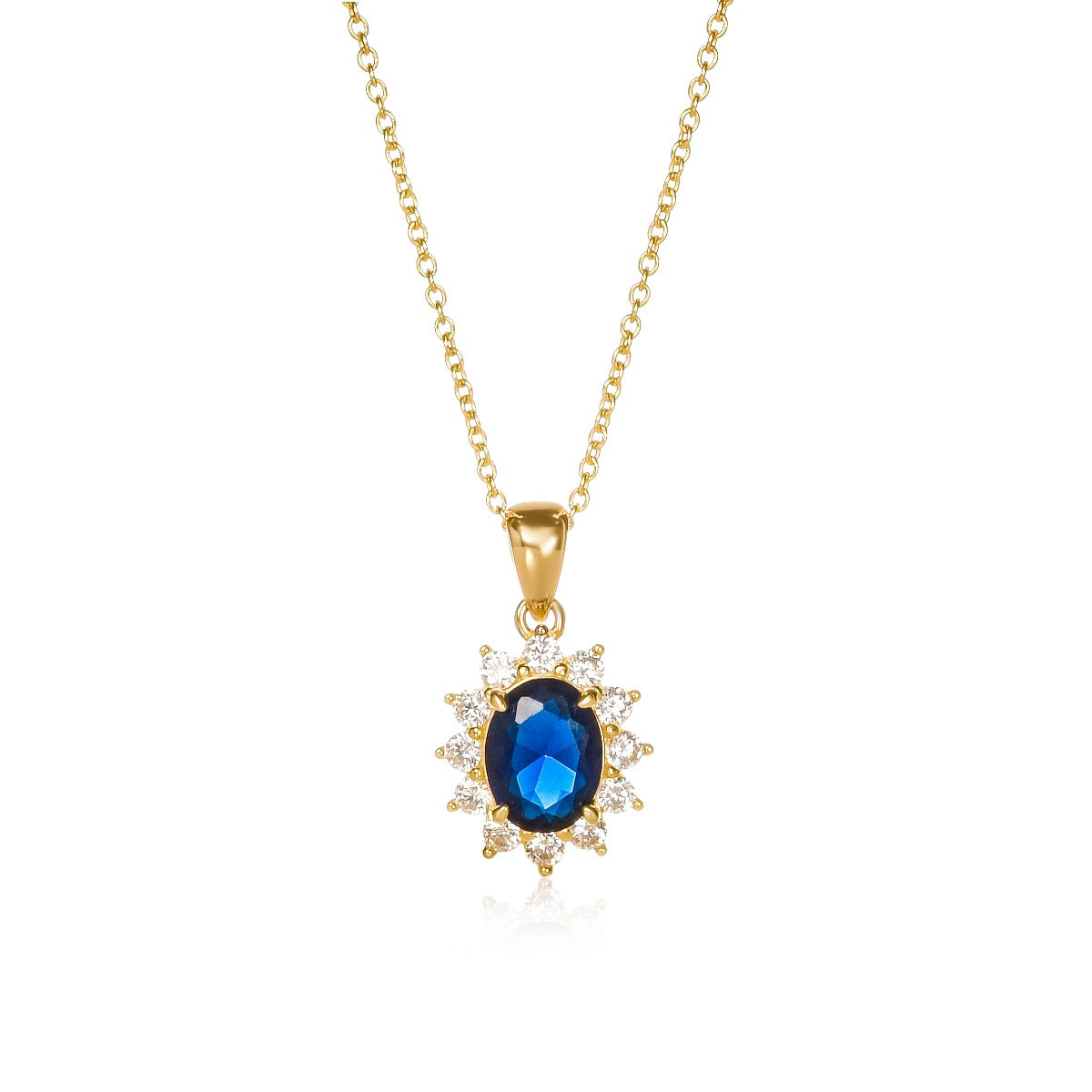 Gold Plated Sterling Silver Blue Oval Halo Pendant Necklace