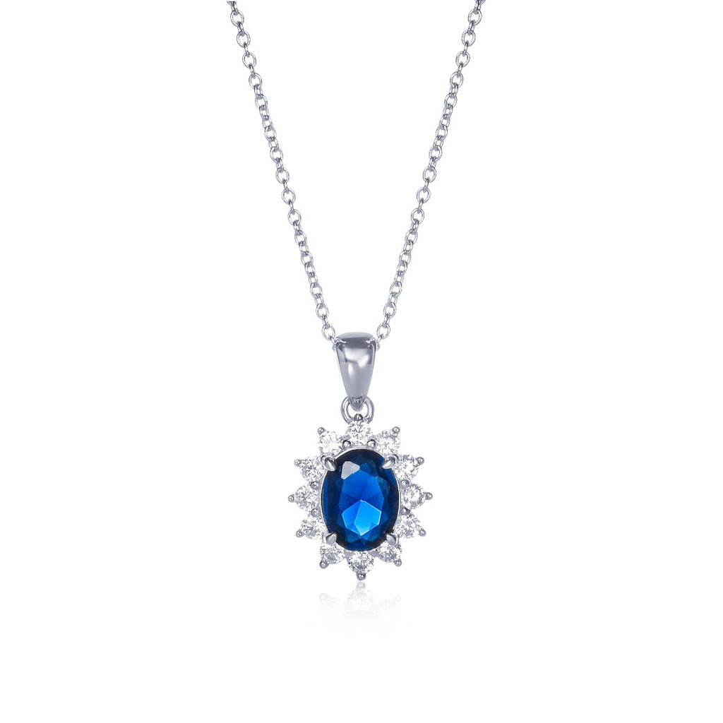 Sterling Silver Blue Oval Halo Pendant Necklace