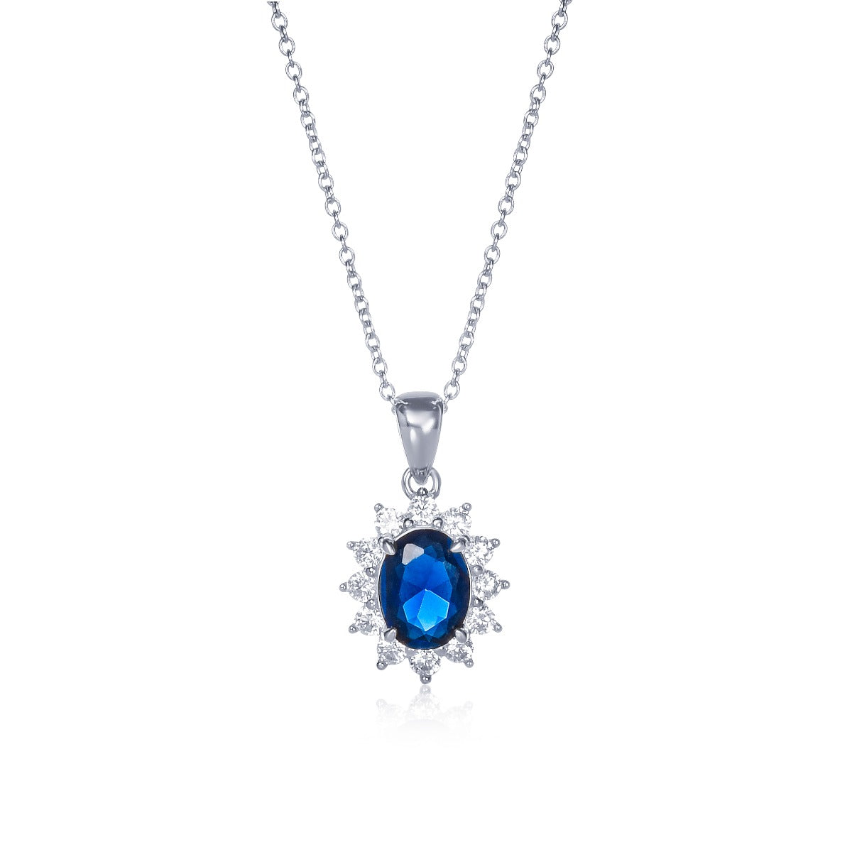 Sterling Silver Blue Oval Halo Pendant Necklace