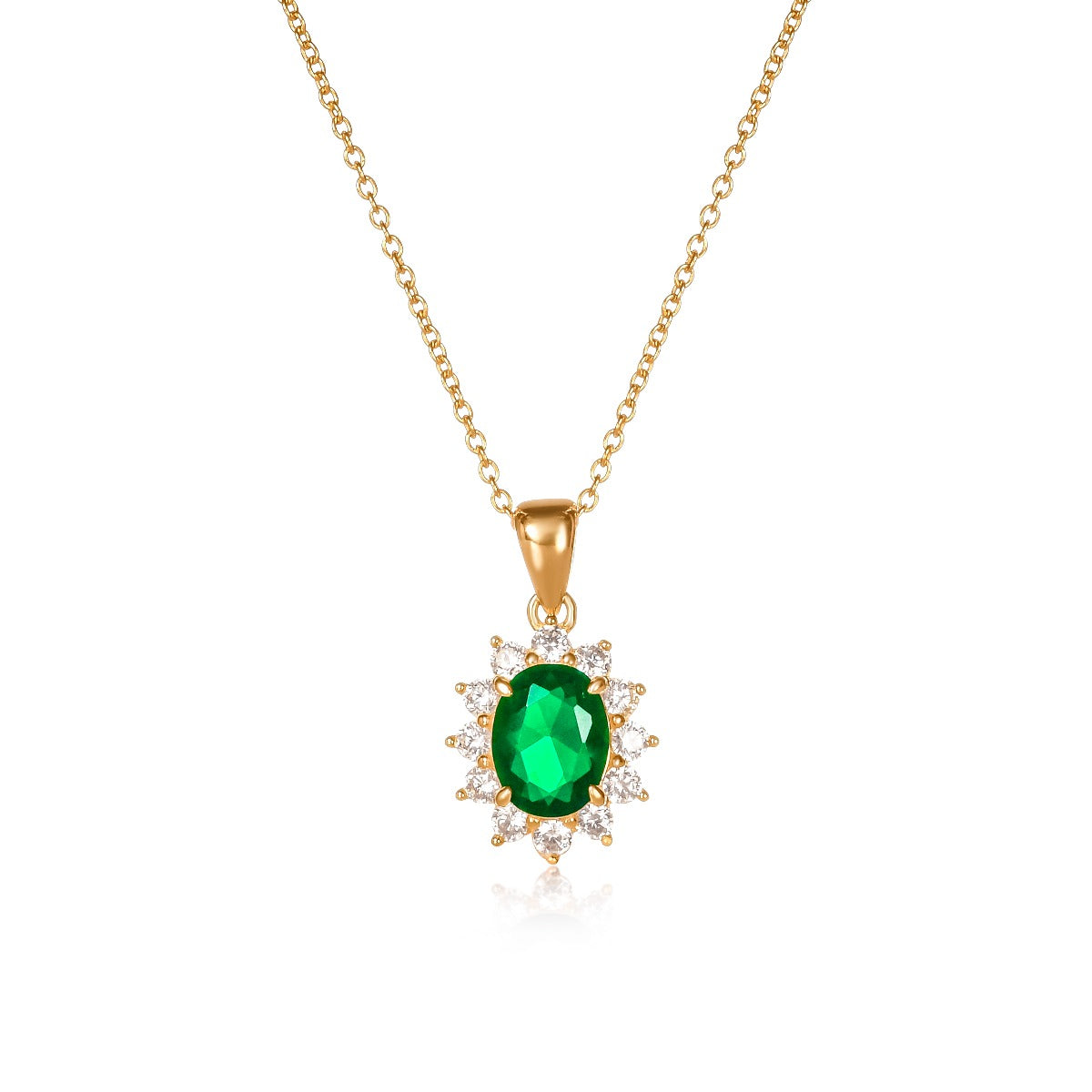 Gold Plated Sterling Silver Green Oval Halo Pendant Necklace
