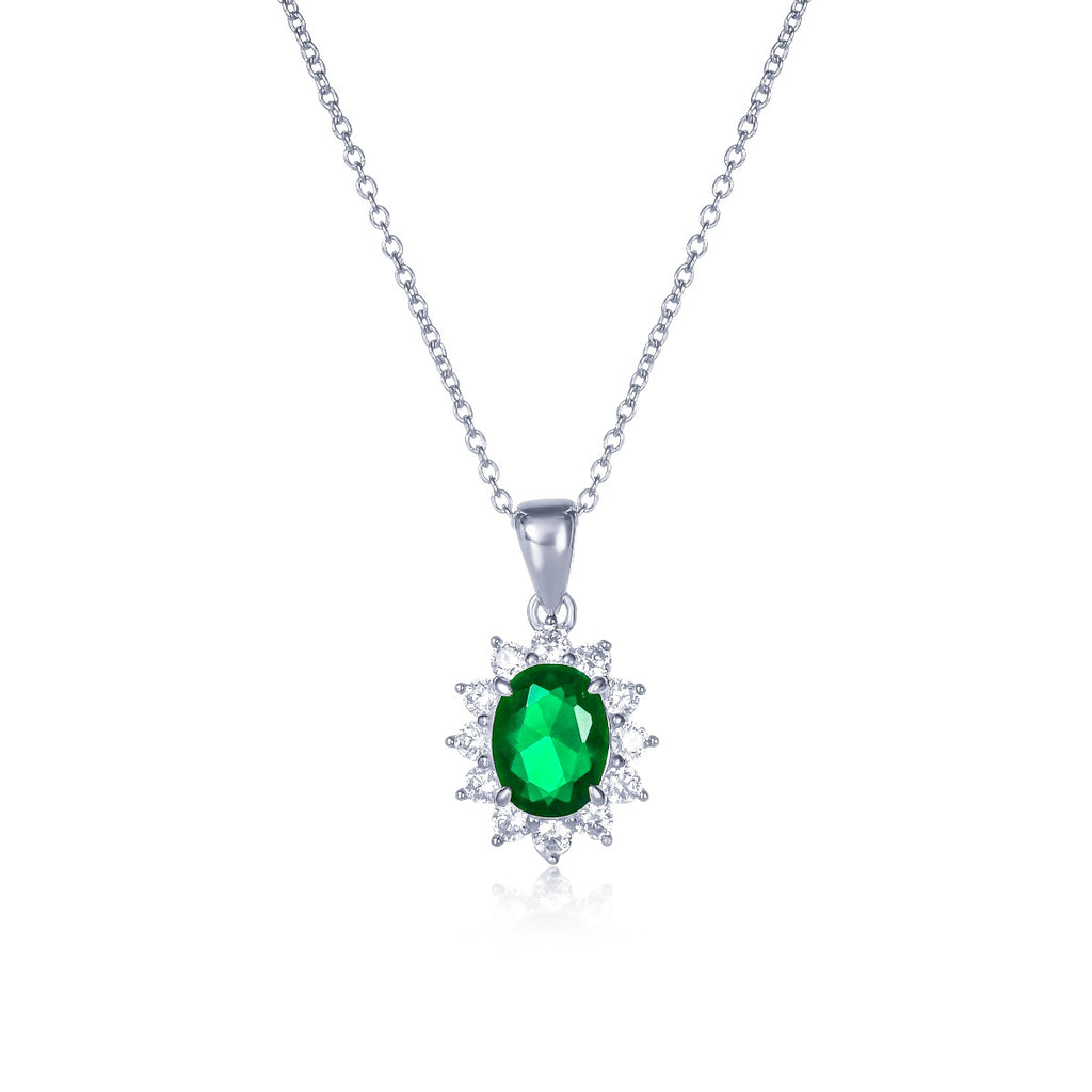 Sterling Silver Green Oval Halo Pendant Necklace