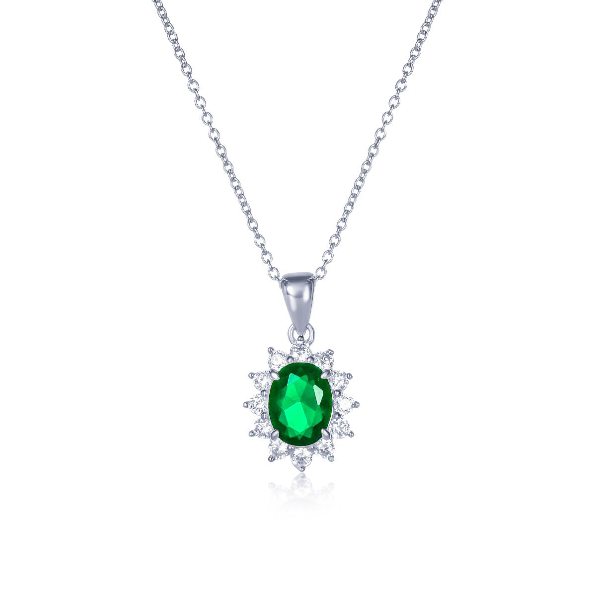 Sterling Silver Green Oval Halo Pendant Necklace