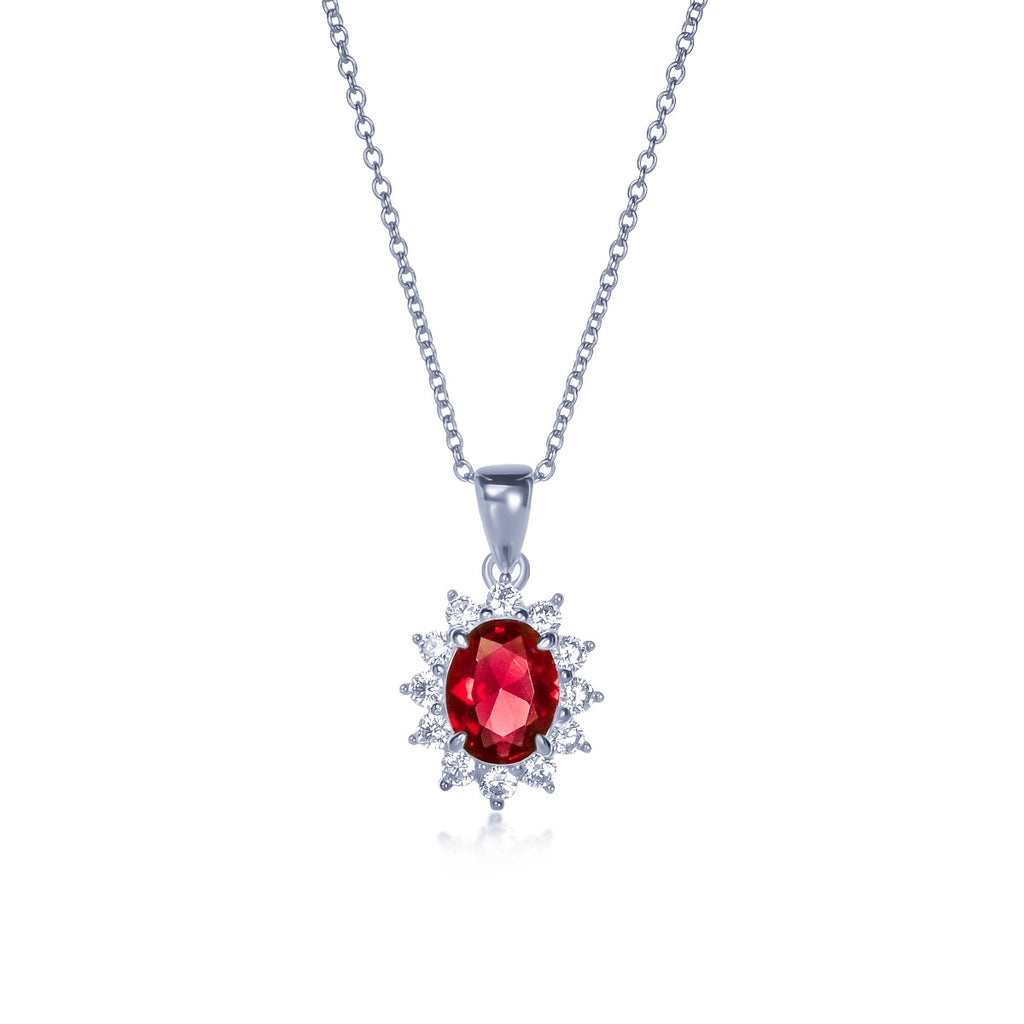 Sterling Silver Red Oval Halo Pendant Necklace