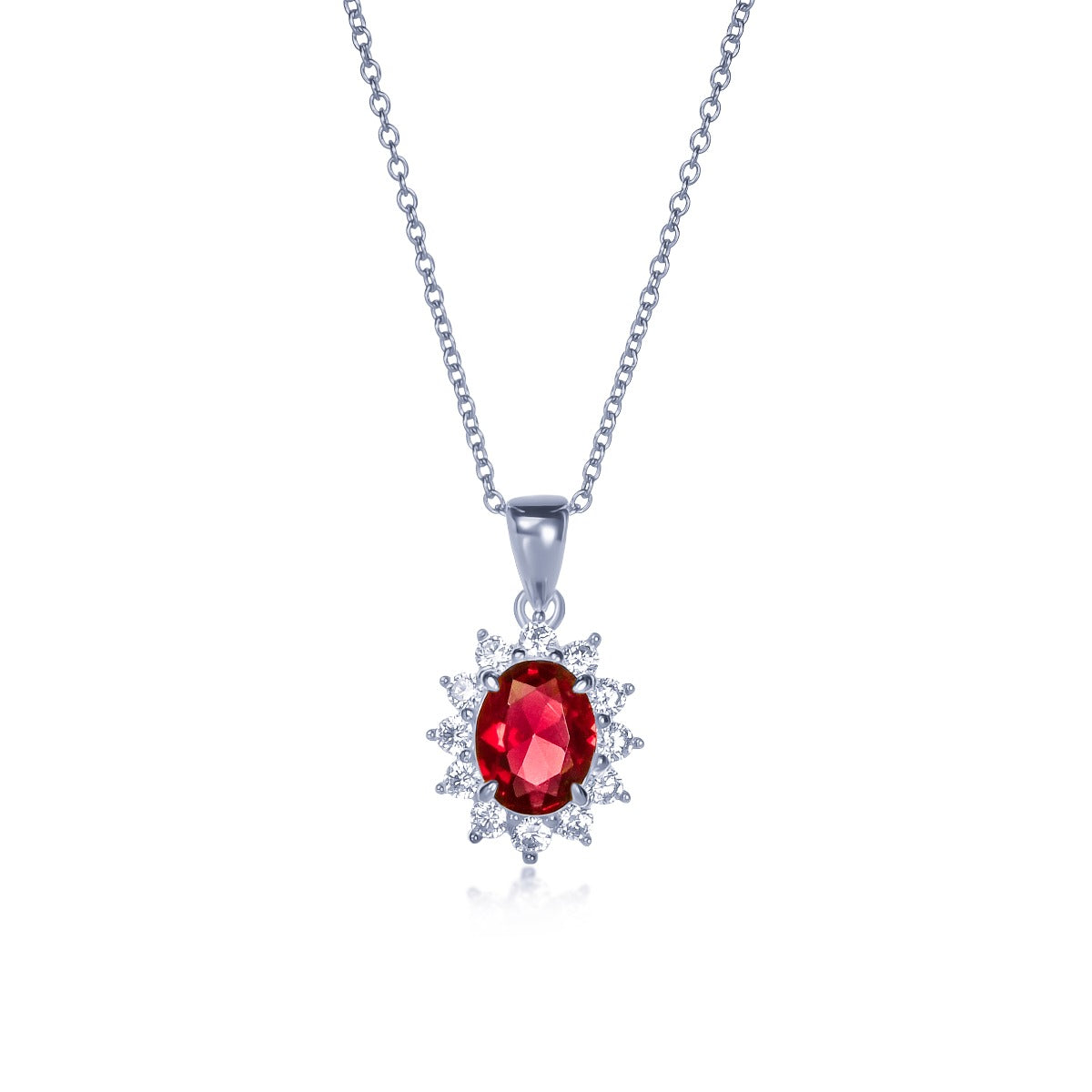 Sterling Silver Red Oval Halo Pendant Necklace