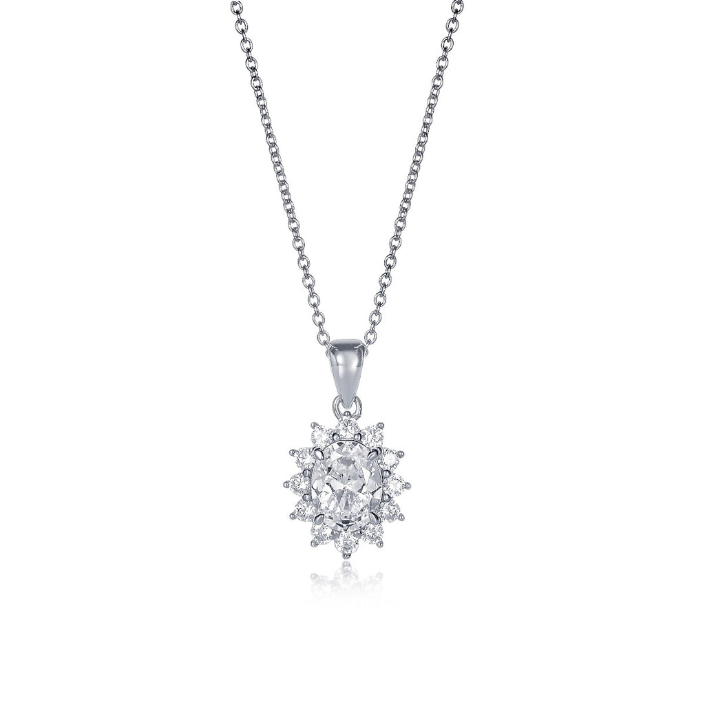 Sterling Silver Oval Shaped Cubic Zirconia Halo Pendant Necklace