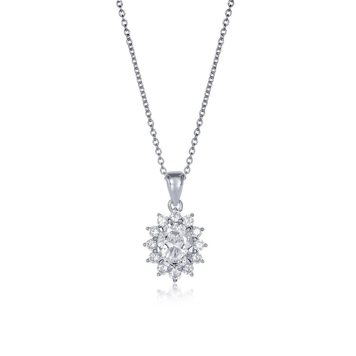 Sterling Silver Oval Shaped Cubic Zirconia Halo Pendant Necklace