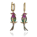 colourful gold drop earrings in a parrot design