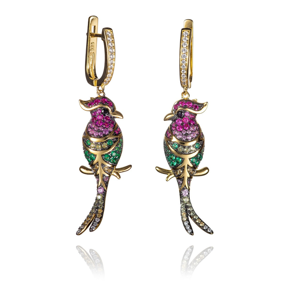 colourful gold drop earrings in a parrot design
