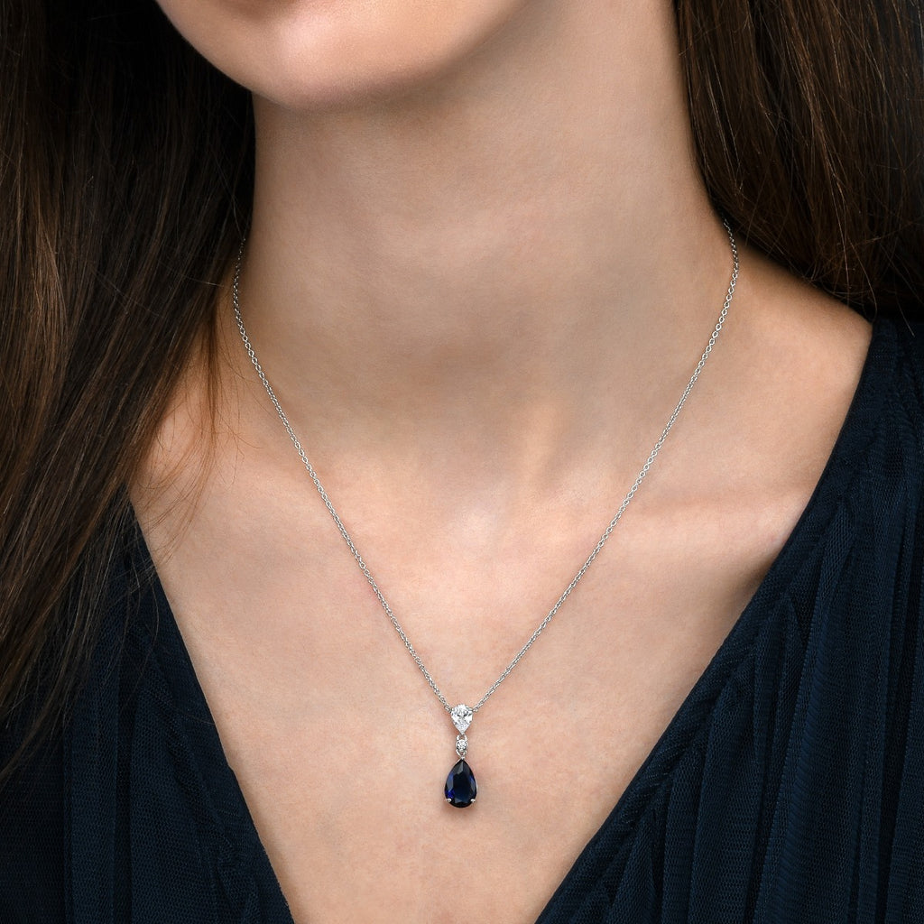 Sterling Silver sapphire Blue Pear Drop Necklace