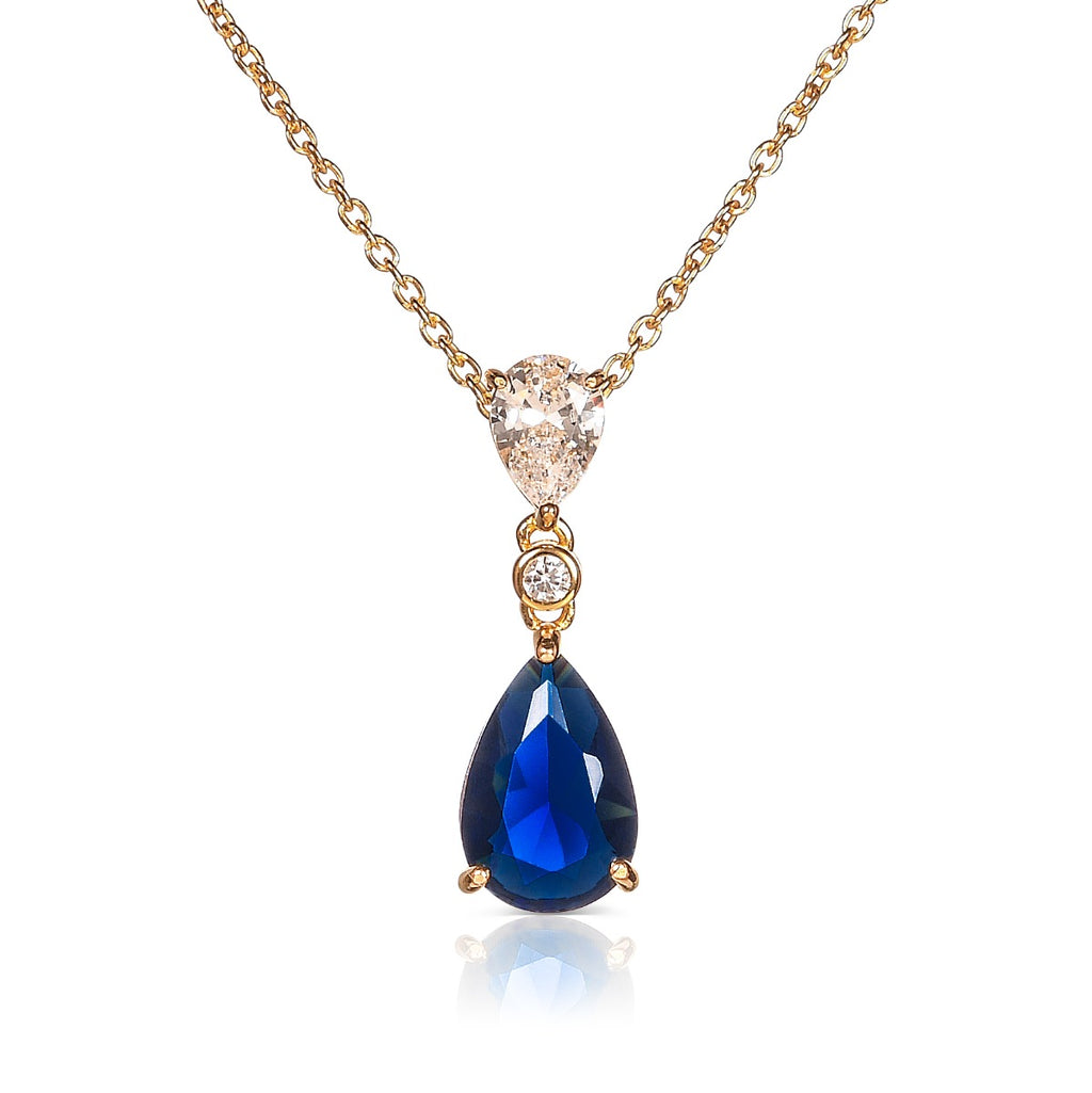Gold Plated Sterling Silver Dark Blue Pear Drop Necklace