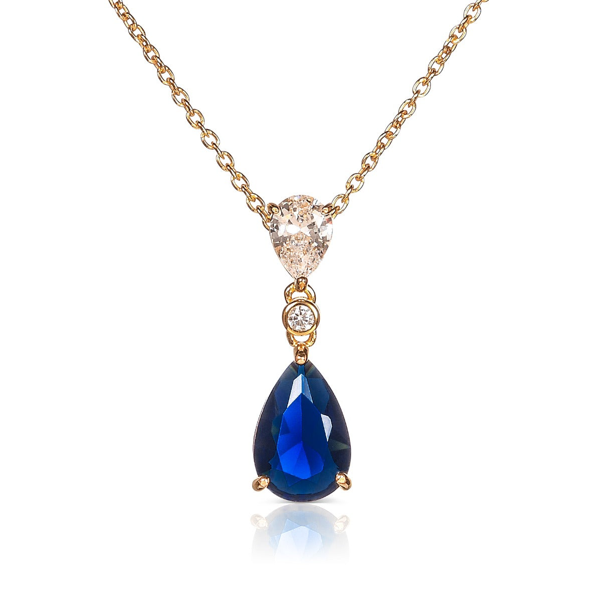 Gold Plated Sterling Silver Dark Blue Pear Drop Necklace