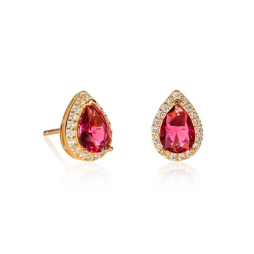 Gold Plated Sterling Silver Pear Shaped Red Stud Earrings