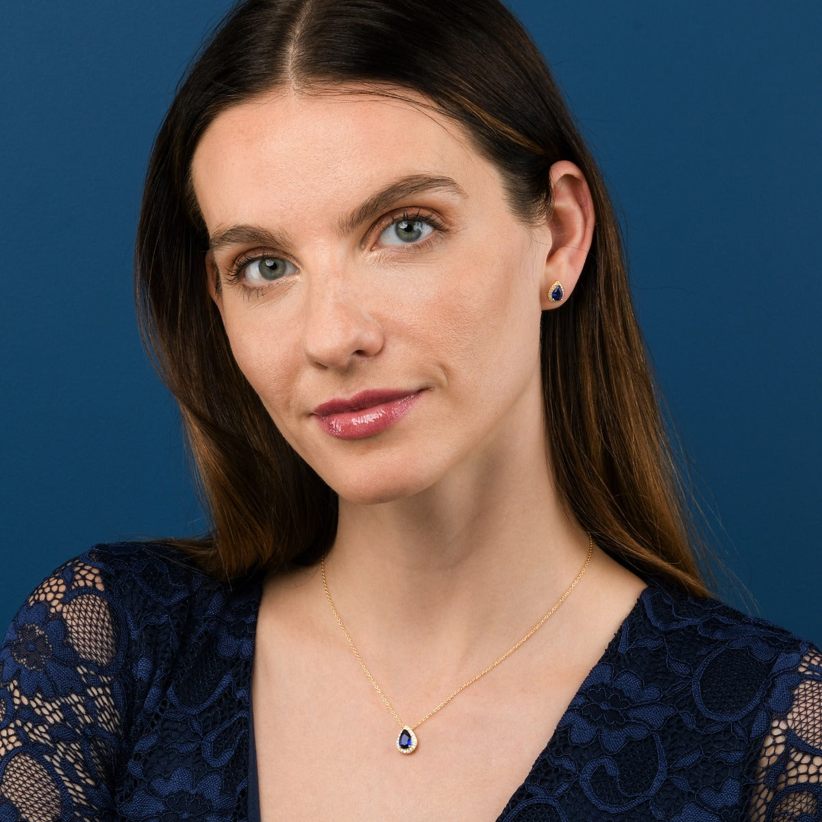 Gold Plated Sterling Silver Pear Shaped Blue Pendant Necklace