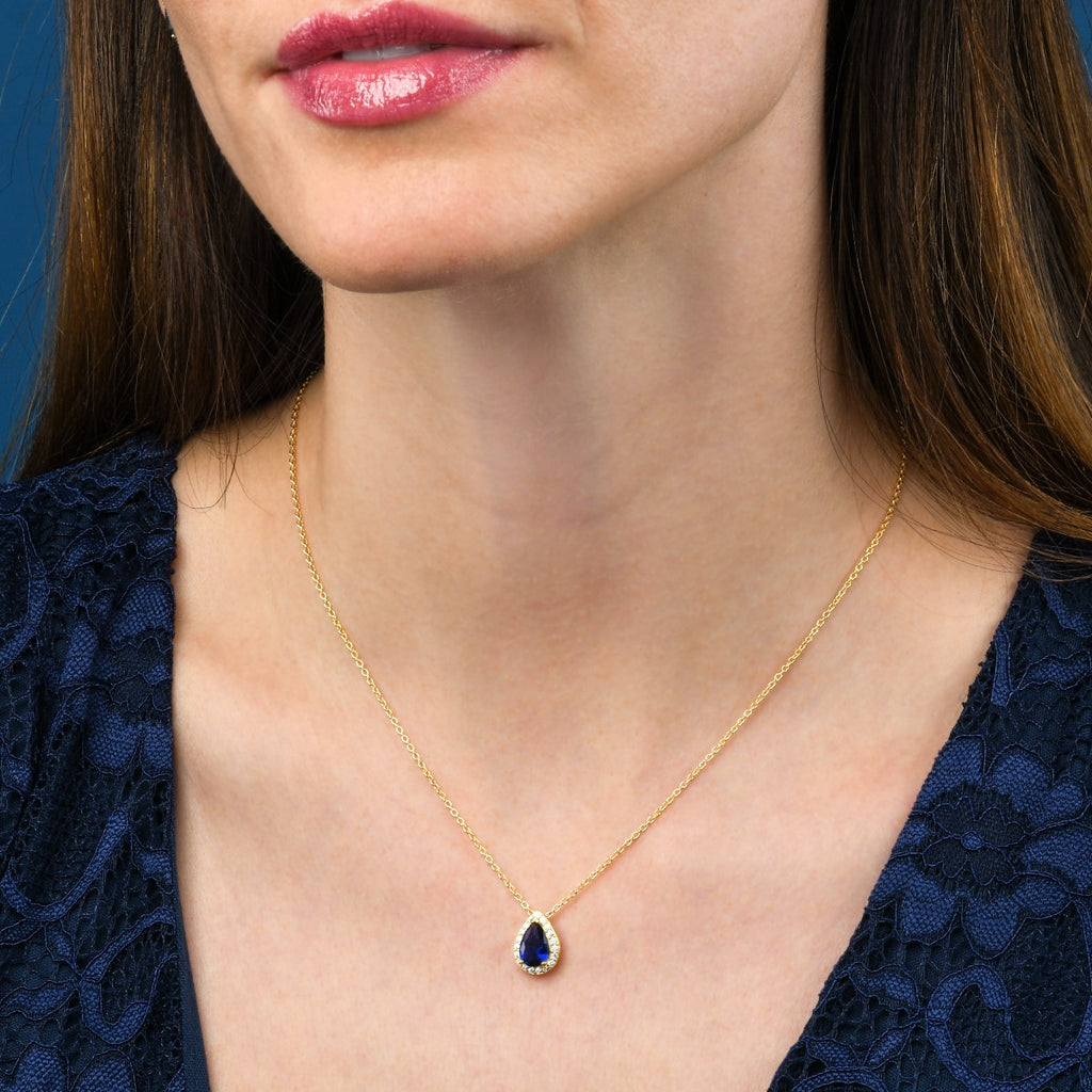 Gold Plated Sterling Silver Pear Shaped Blue Pendant Necklace