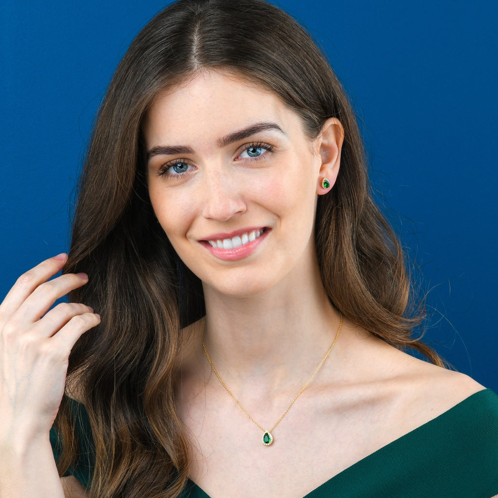 Gold Plated Sterling Silver Pear Shaped Green Pendant Necklace