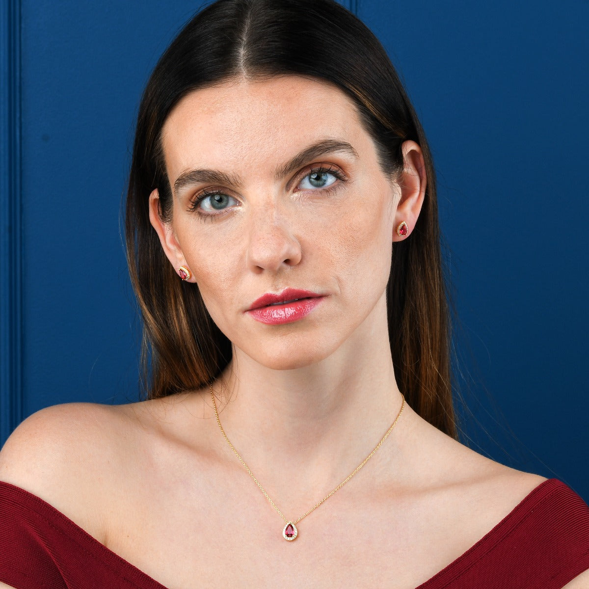 Gold Plated Sterling Silver Pear Shaped Red Pendant Necklace