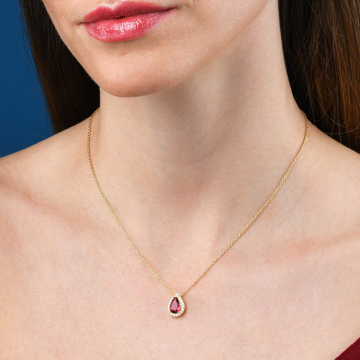 Gold Plated Sterling Silver Pear Shaped Red Pendant Necklace