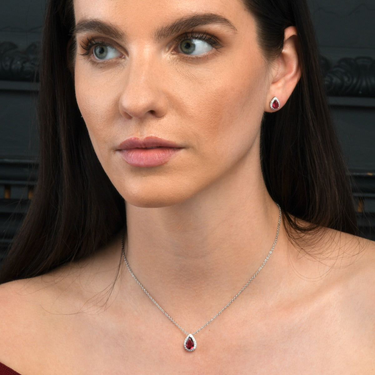 Sterling Silver Pear Shaped Red Stud Earrings