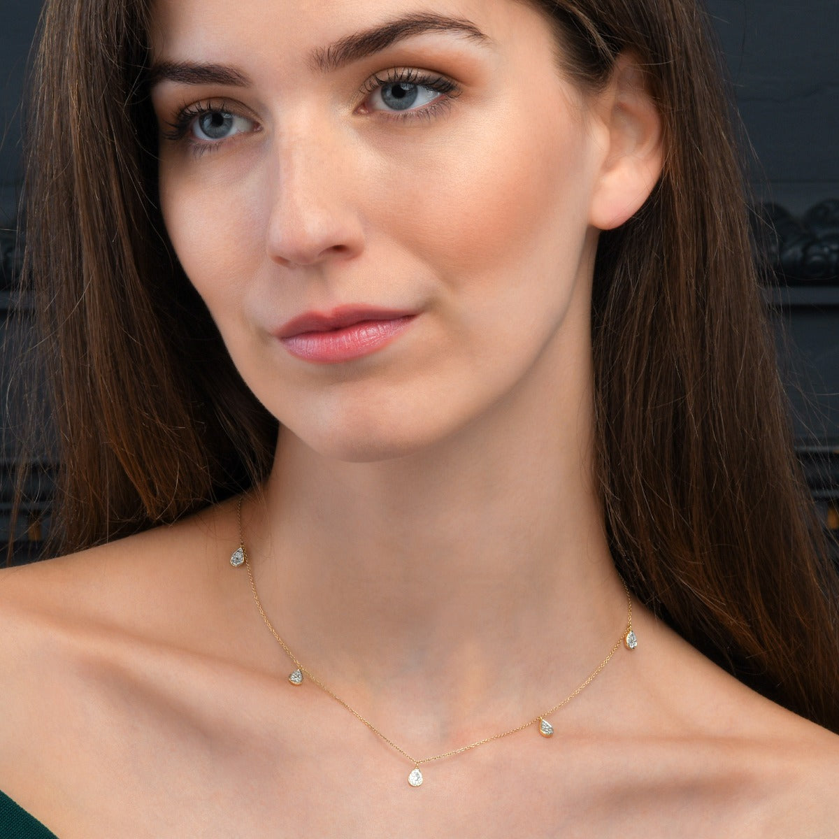 Diamond Charm Necklace with Pear Shaped Diamond Charms 0.40ct Diamond Necklace In 9K Yellow Gold
