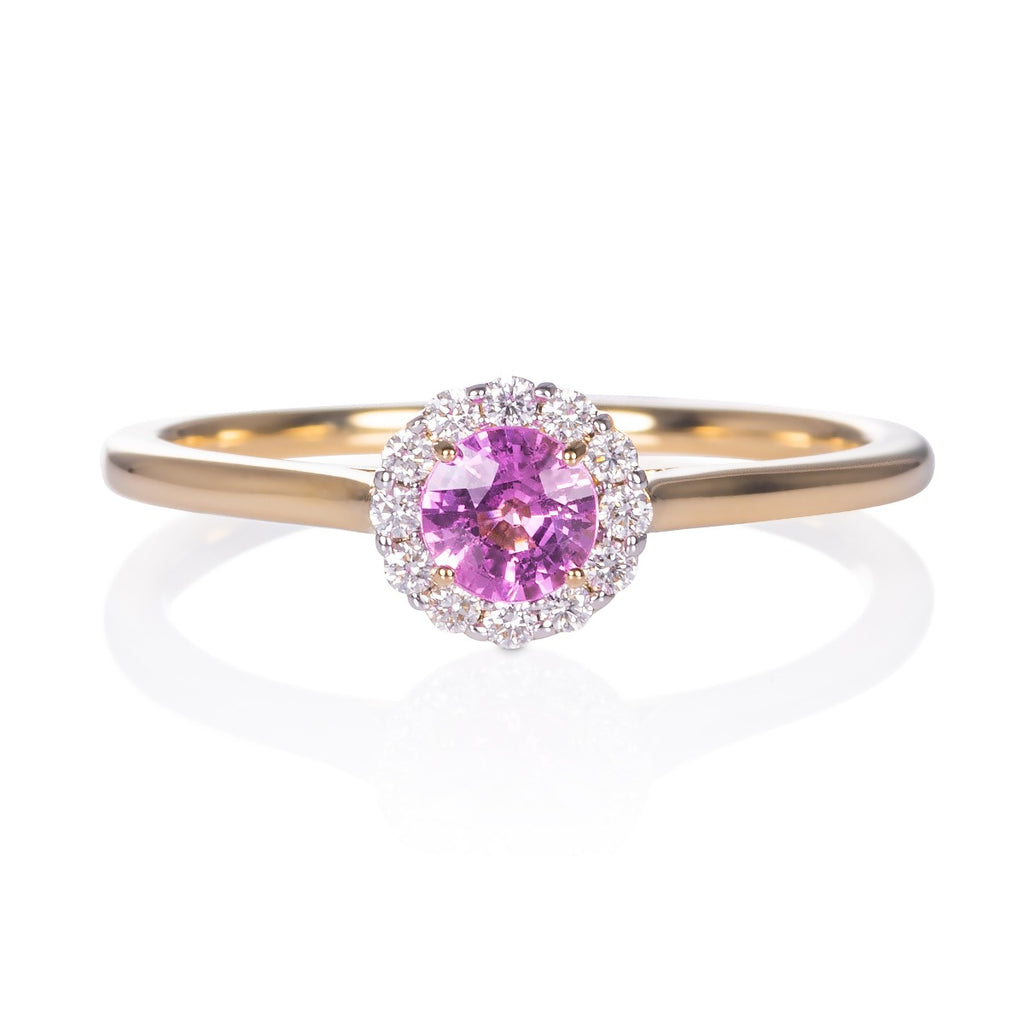 Pink sapphire halo ring in yellow gold 9K
