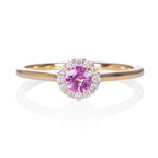 Pink sapphire halo ring in yellow gold 9K