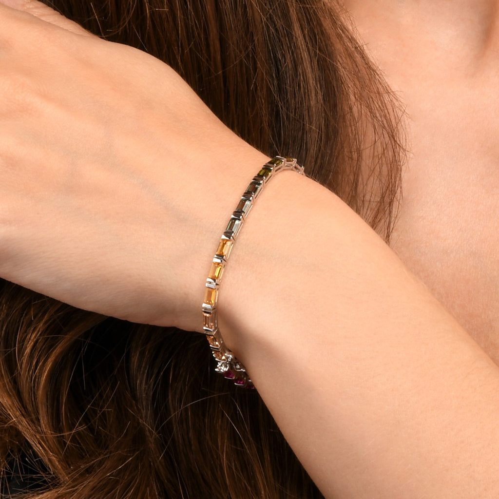 Sterling Silver Rainbow Tennis Bracelet with Baguette-Cut Multicoloured Stones 