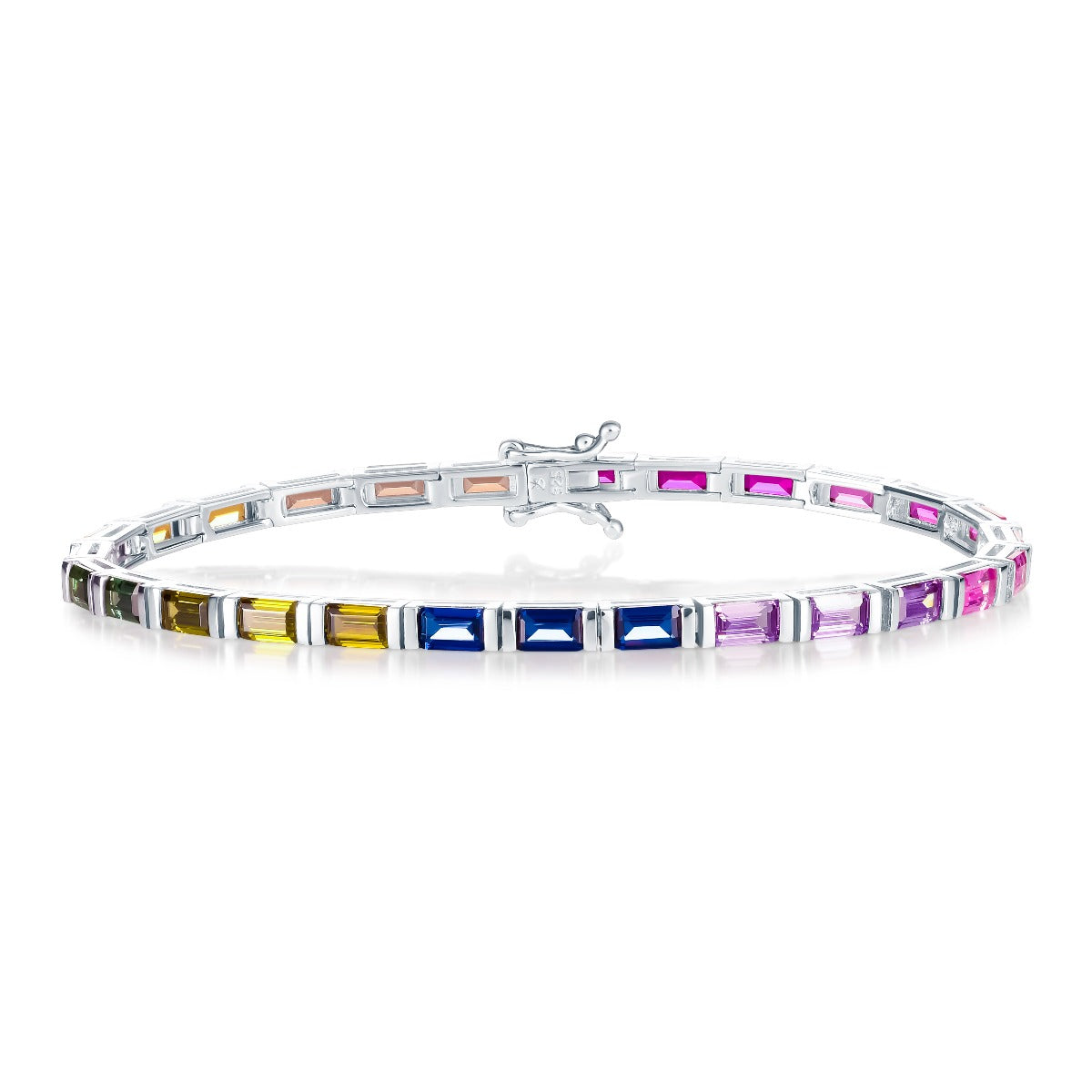 Sterling Silver Rainbow Tennis Bracelet with Baguette-Cut Multicoloured Stones 