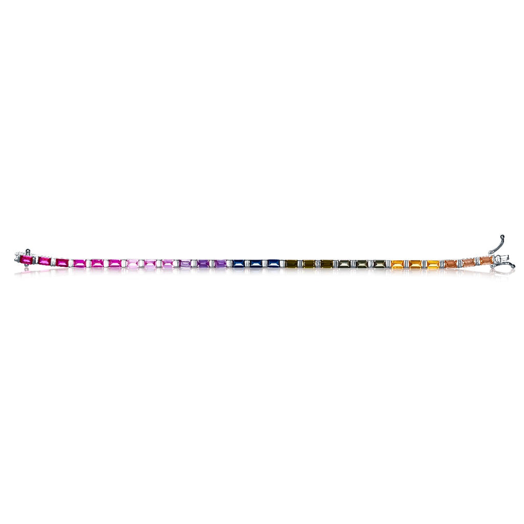 Sterling Silver Rainbow Tennis Bracelet with Baguette-Cut Multicoloured Stones 