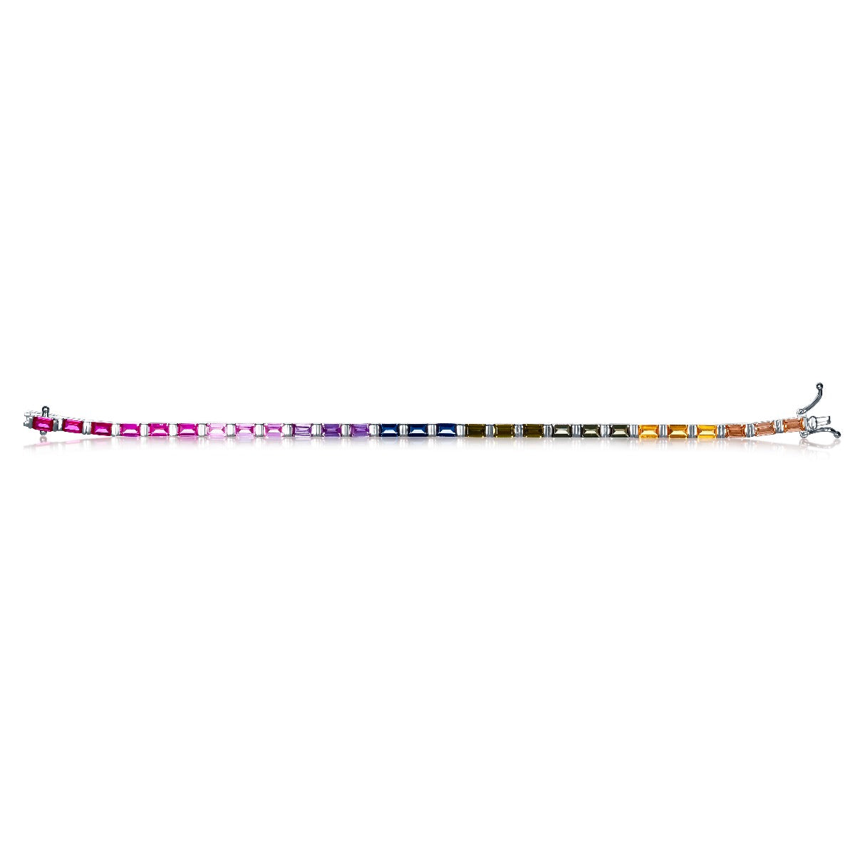 Sterling Silver Rainbow Tennis Bracelet with Baguette-Cut Multicoloured Stones 