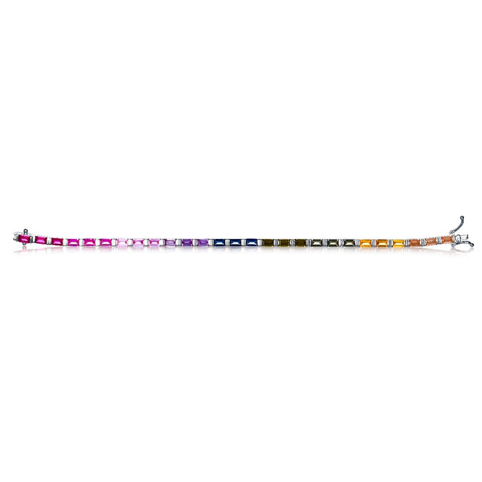 Sterling Silver Rainbow Tennis Bracelet with Baguette-Cut Multicoloured Stones