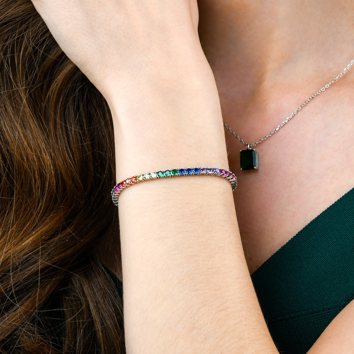 Sterling Silver Rainbow Tennis Bracelet With 3mm Multicolored Cubic Zirconia
