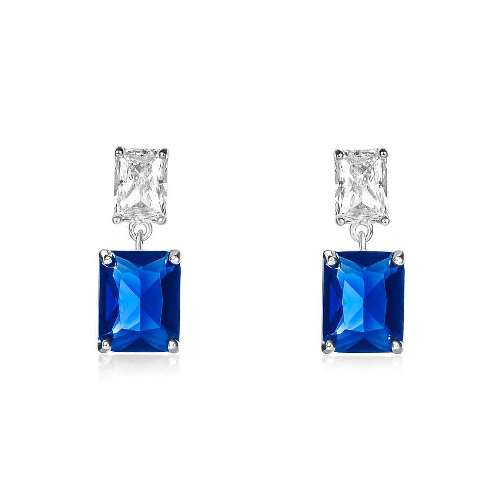 Sterling Silver Double Rectangle Blue Dangle Earrings