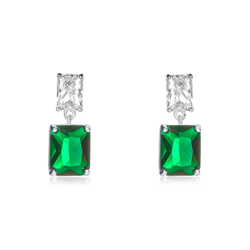 Sterling Silver Double Rectangle Green Dangle Earrings