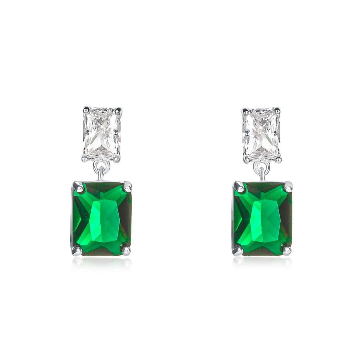 Sterling Silver Double Rectangle Green Dangle Earrings