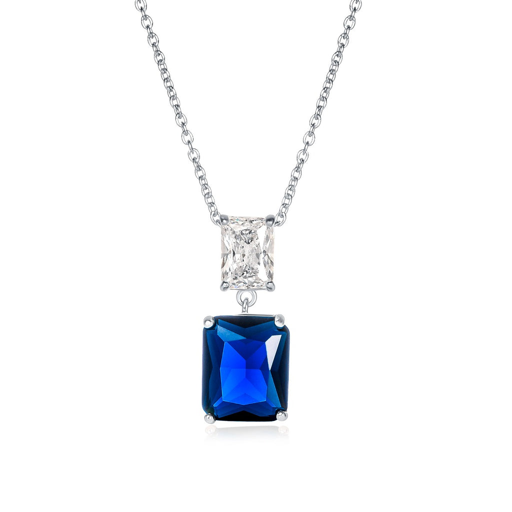 Sterling Silver Blue Double Rectangle Drop Pendant Necklace