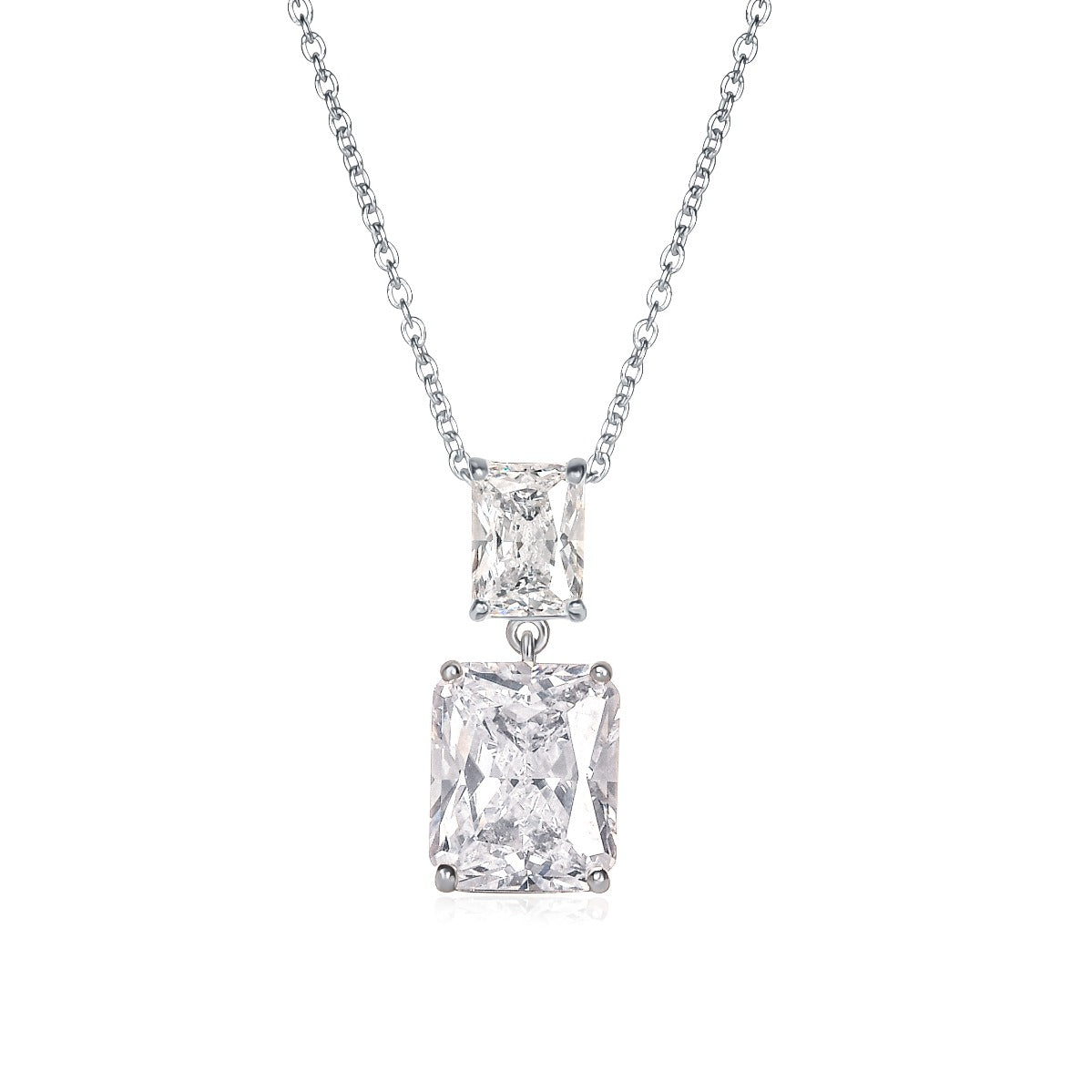 Sterling Silver Cubic Zirconia Double Rectangle Drop Pendant Necklace