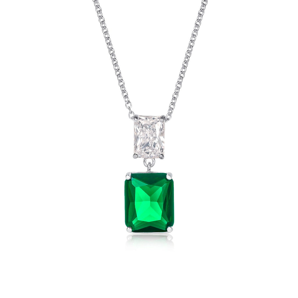 Sterling Silver Green Double Rectangle Drop Pendant Necklace