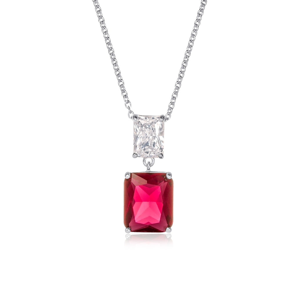 Sterling Silver Red Double Rectangle Drop Pendant Necklace